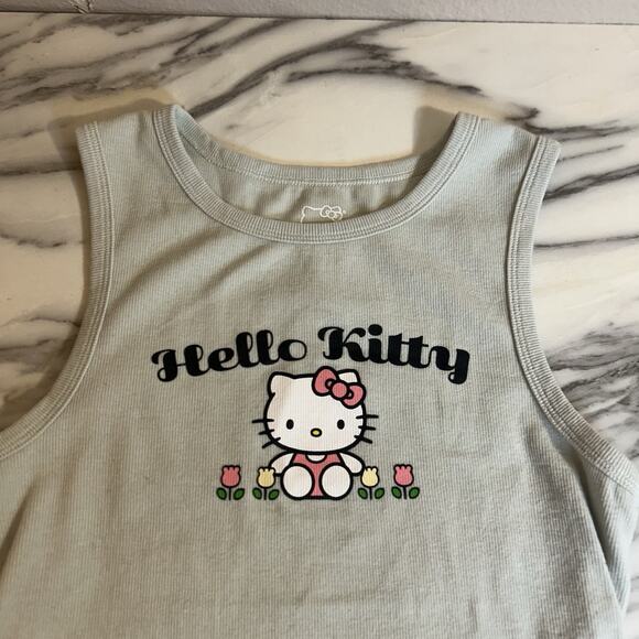 Hello Kitty High Neck Green Tank Top Flowers Ribbed Cropped Crop Top SZ S SANRIO - Picture 4 of 5
